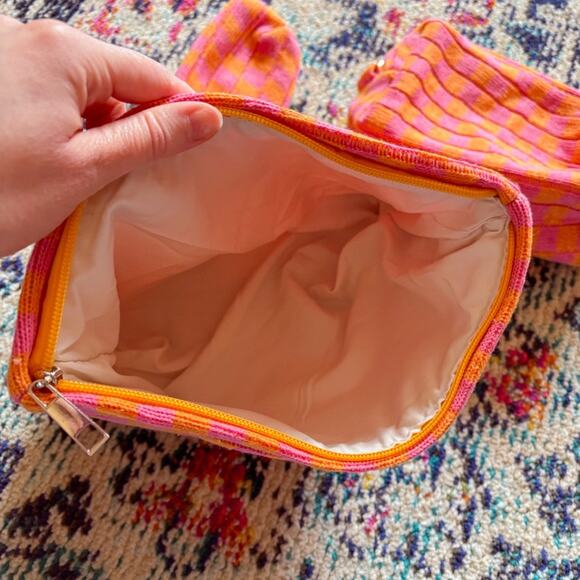 3pcs Checkered Pink & Orange Travel Cosmetics Bag Set 🧡 - Picture 3 of 9